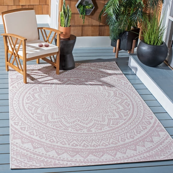 SAFAVIEH Courtyard Josiah Floral Medallion Indoor/Outdoor Area Rug, Ivory/Soft Pink, 9' x 12'
