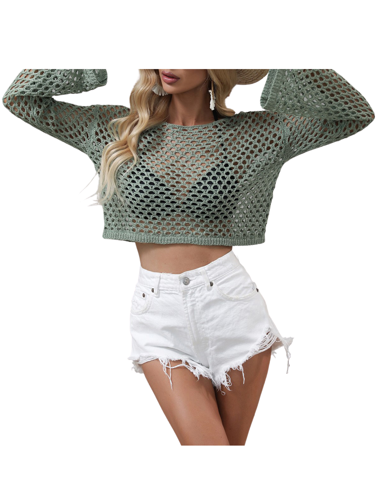 Licupiee Women Sexy Crochet Hollow Out Crop Top Mesh See-Through Long Sleeve Shirt Knitted Pullover Cover Up Tee - image 3 of 6