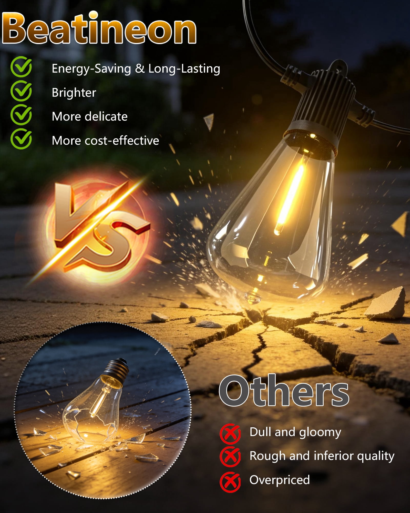 Beatineon Outdoor String Lights 150 ft, LED Patio Lights with 77 (75+3 Spare ST38 Shatterproof Bulbs), IP 65 Waterproof, Outside Hanging Light for Cafe Bistro Backyard