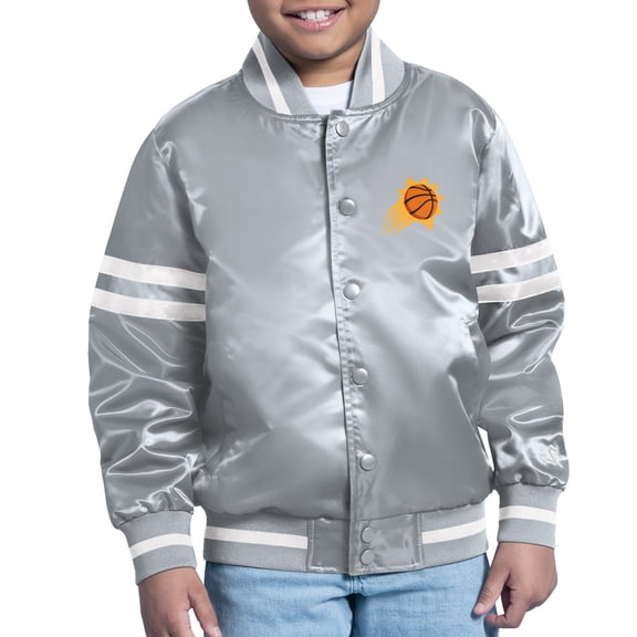 Youth Starter Gray Phoenix Suns Comic-Style Satin Full-Snap Varsity Jacket