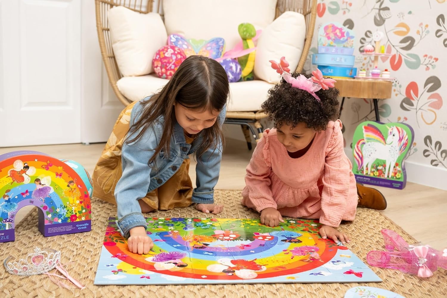 Crocodile Creek 36-Piece Jigsaw Floor Puzzle - Fun Floor Puzzles for Kids Ages 3-5 - Heavy-Duty Shaped Box for Storage - Over The Rainbow - 27" W x 20" H Finished
