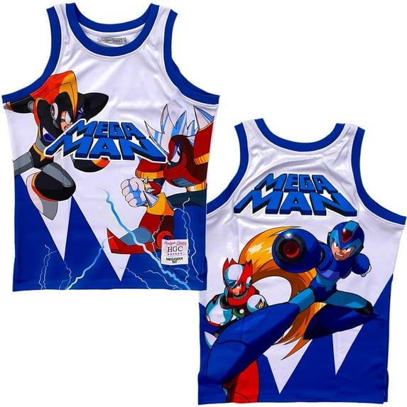 Mega Man Rockman Men's Headgear Classics Premium Embroidered Basketball Jersey (XX-Large, White/Blue)