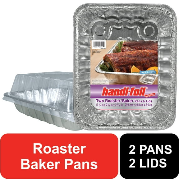 Handi-Foil Large Aluminum Roaster Baker Pans with Lids, 2 Count