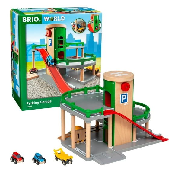 BRIO World Parking Garage - 7-Piece Wooden Toy Garage with 2 Cars, 1 Transporter Wagon, and Wooden Ramp Tracks - Works with All BRIO Train Sets - FSC