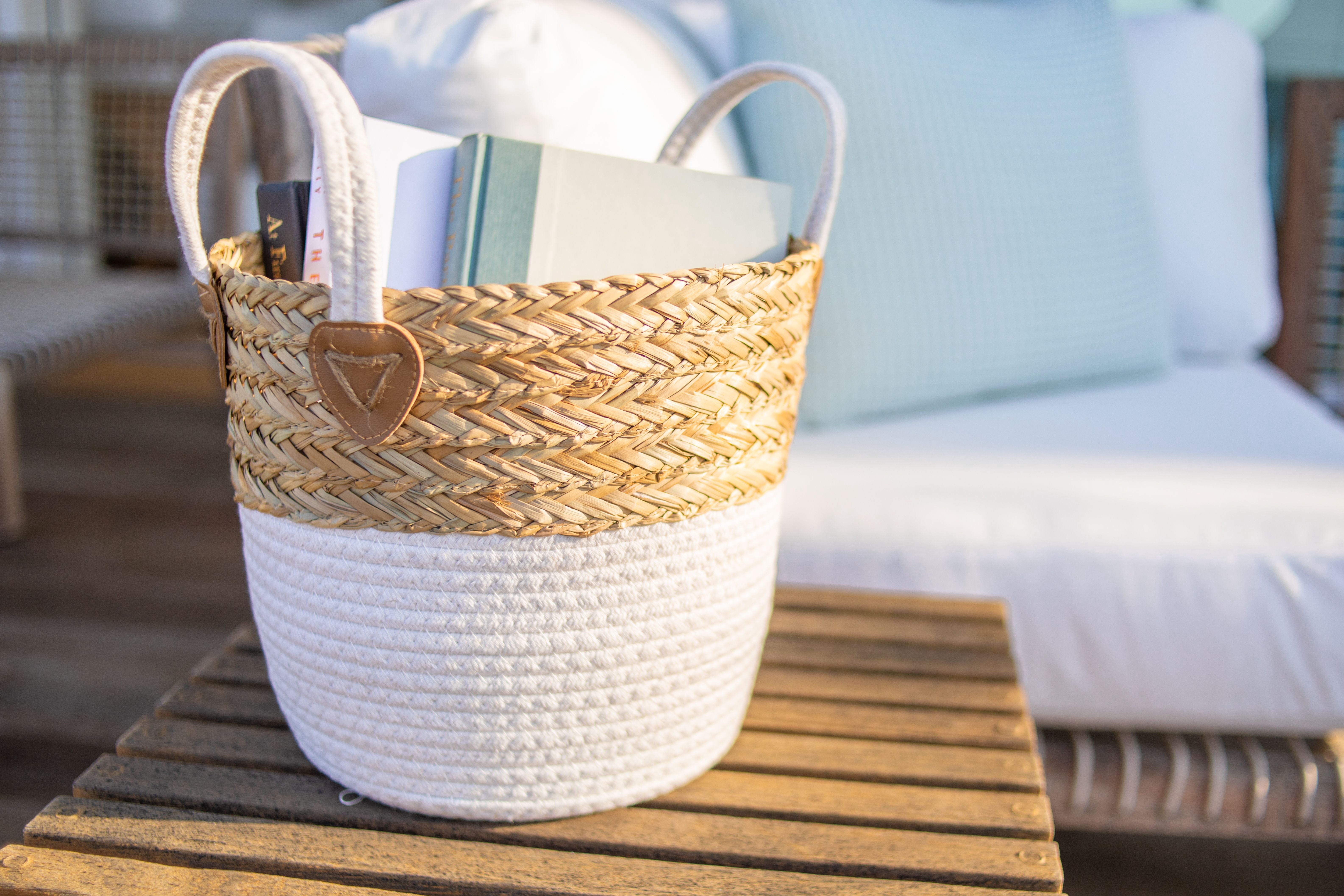 Set of 2 Round Storage Basket, Braided Seagrass & Cotton Rope (MD+SM), Natural & White