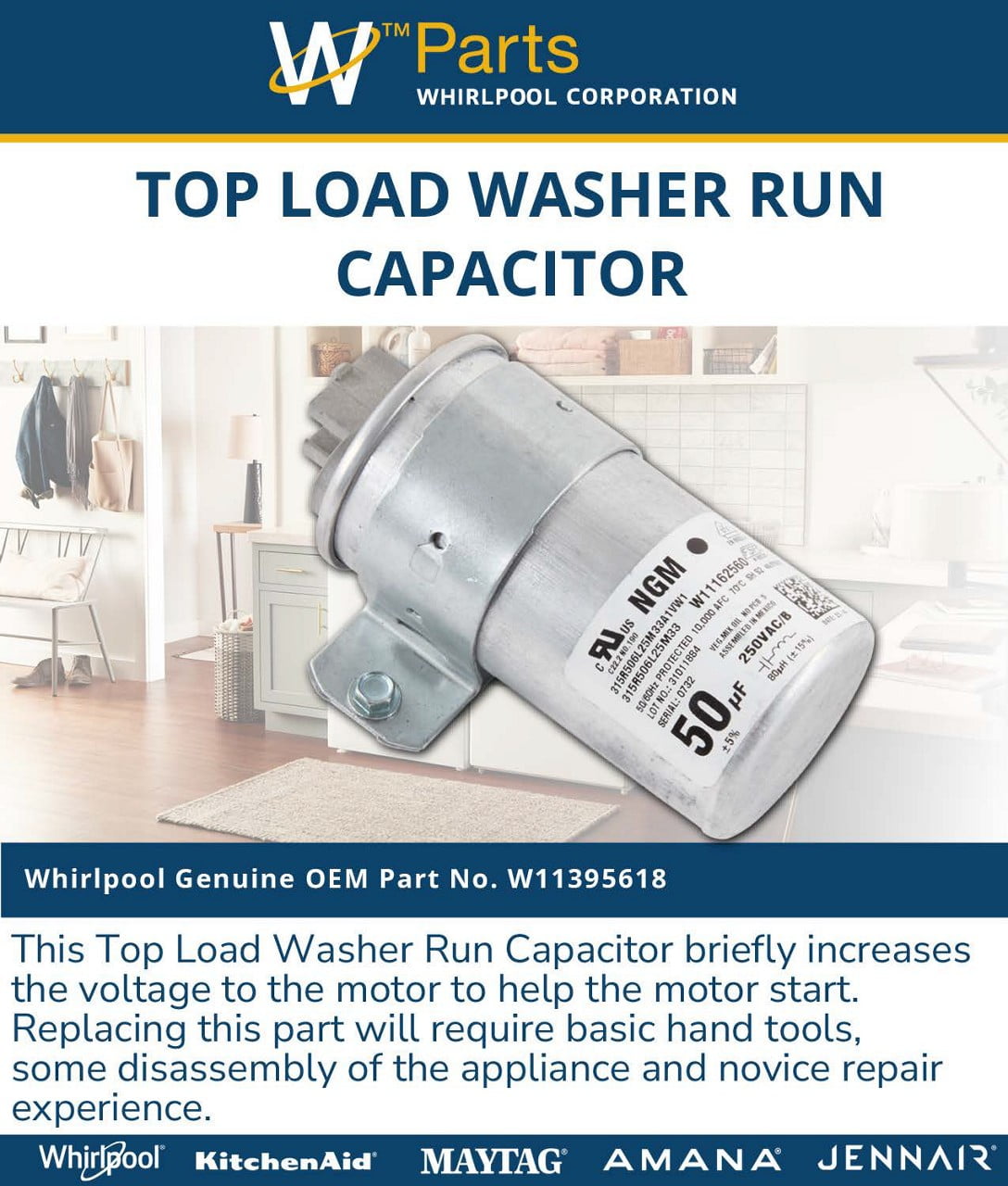 Whirlpool W11395618 Genuine OEM Top Load Washer Run Capacitor Replacement Part - Replaces W10390446, W10625046, W10843769, W10866250, W11158831, W11162560, W11315694, and WPW10625046