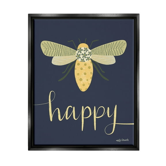 Stupell Industries Happy Patterned Insect Bug Calligraphy Graphic Art Jet Black Floating Framed Canvas Print Wall Art, Design by Katie Doucette