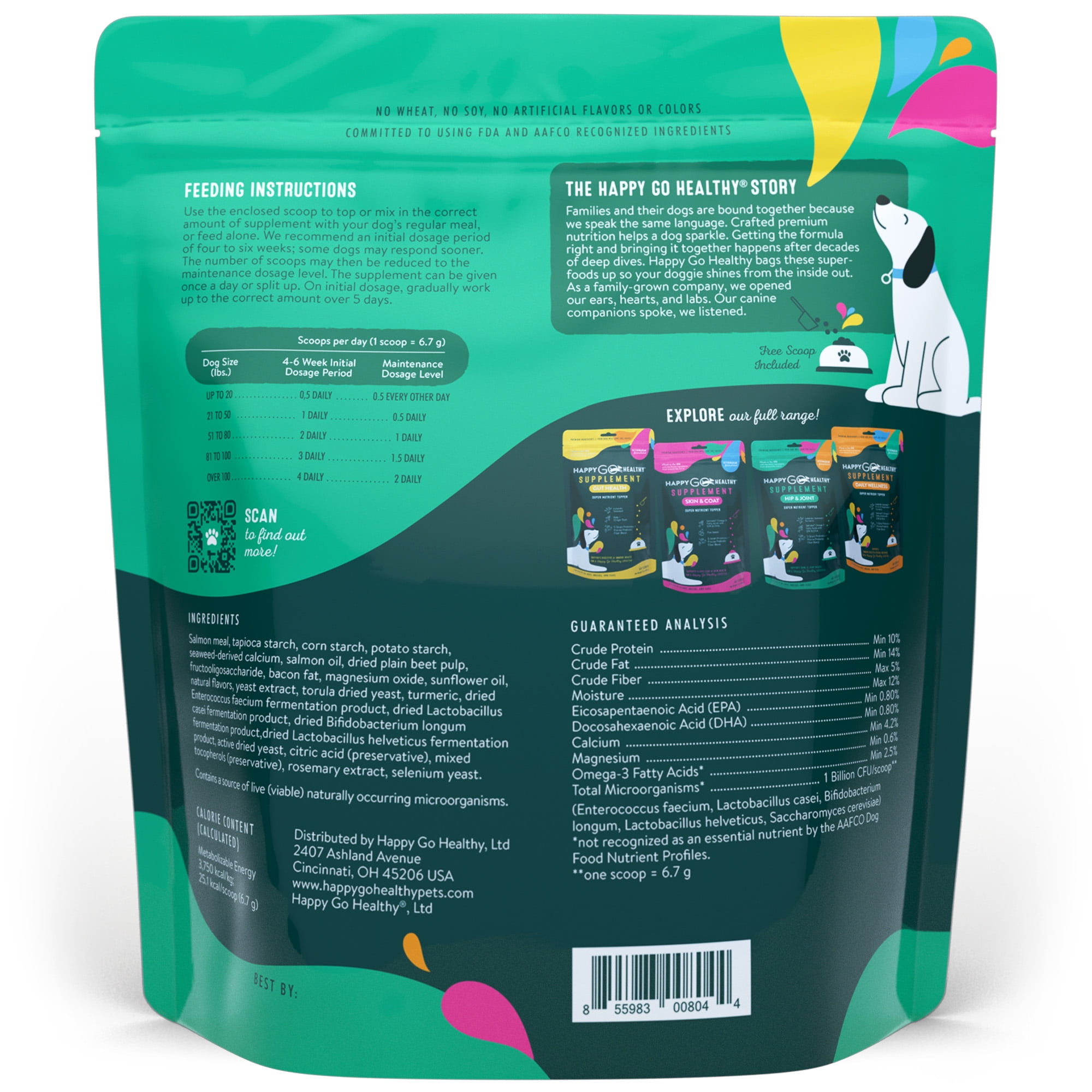 Happy Go Healthy Hip & Joint Supplements for Dogs | Probiotic & Prebiotic Benefits with Wild Salmon Omega 3s to Help Your Dog Reach New Heights | All Breeds and Sizes | 120 Count