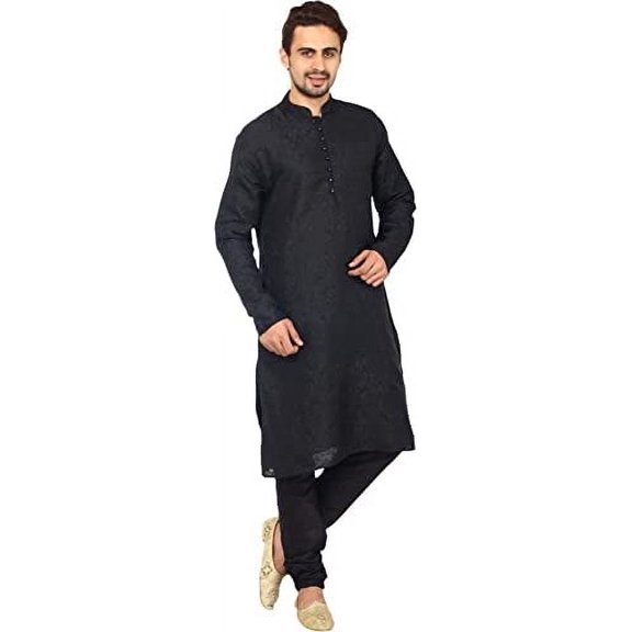 Royal Kurta Men's Black Jacqaurd Silk Kurta Churidar Set