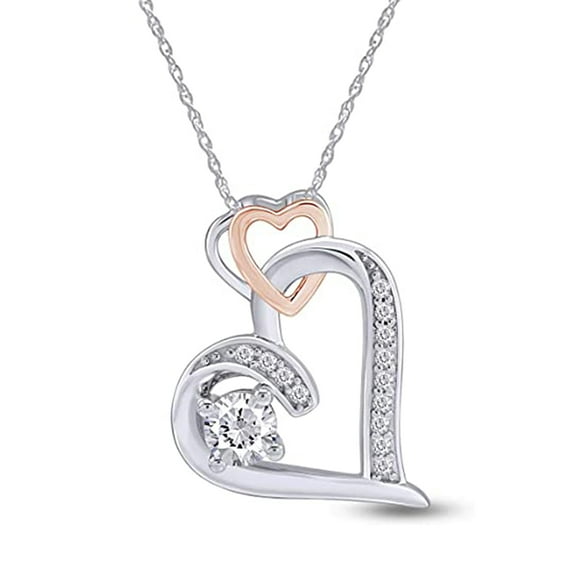 0.40 Carat (Cttw) Round Cut Sparkling White Cubic Zirconia Two Tone Double Heart Pendant Necklace In 14K White Gold Over Sterling Silver