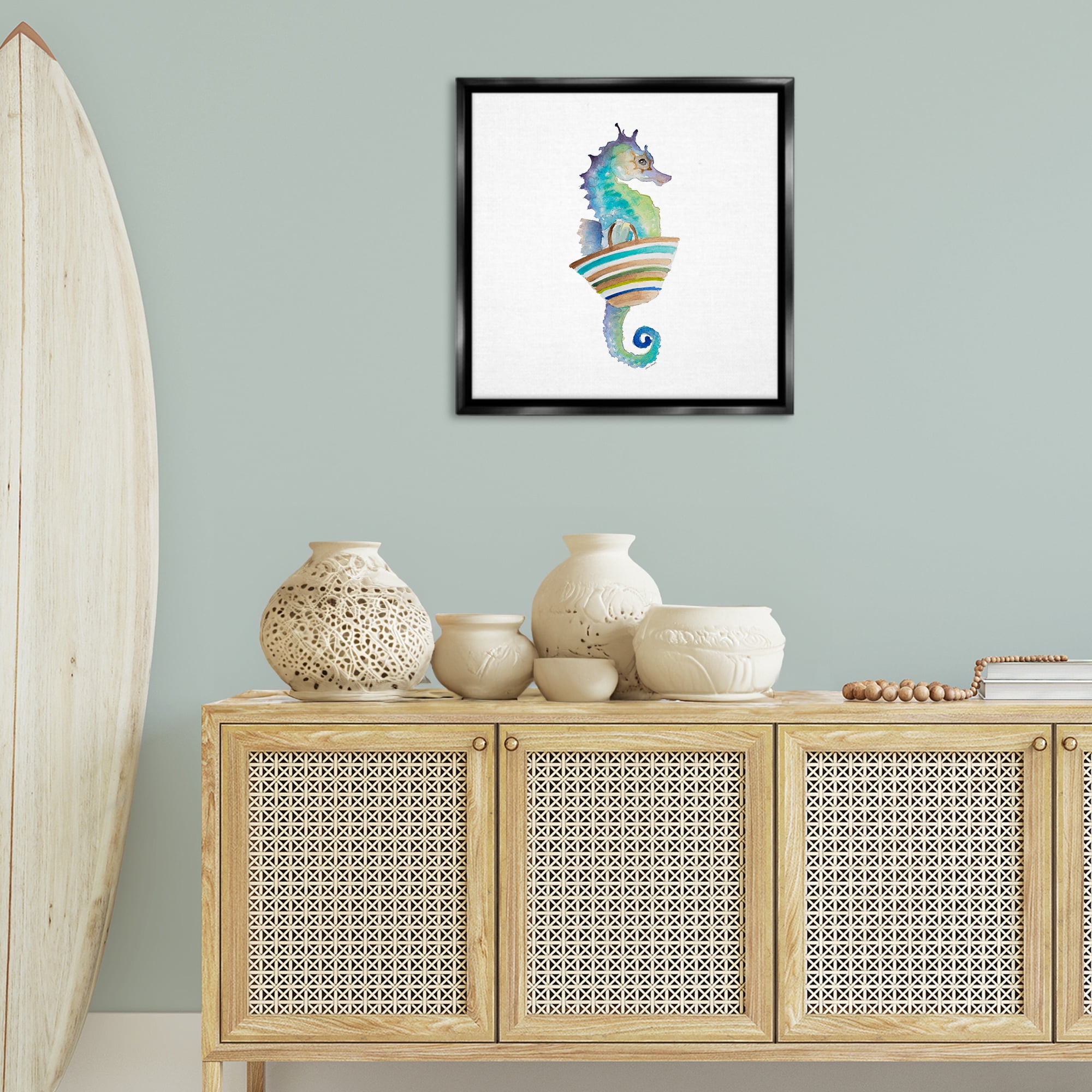 Stupell Industries Summer Ready Seahorse Novelty Painting Black Floater Framed Canvas Art Print Wall Art, 25 x 25