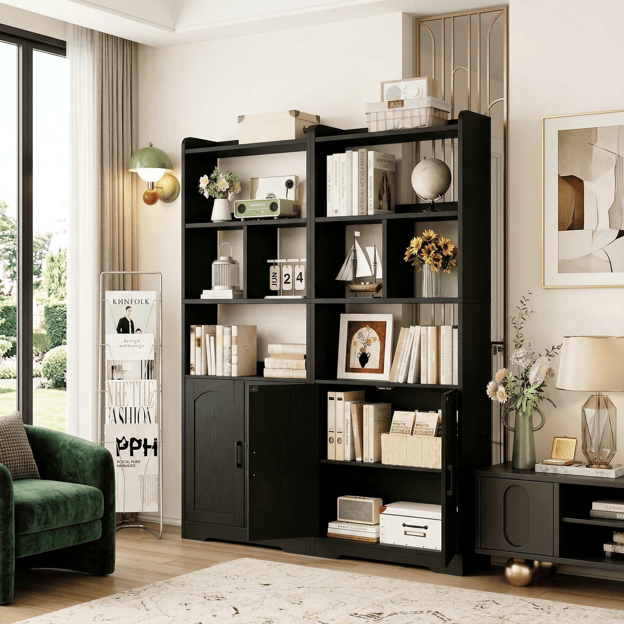 LIKIMIO Freestanding 63" Tall Bookcase, Wood Display Storage Cabinet with Closed Doors & Open Shelves for Living Room, Home Office & Bedroom, Black