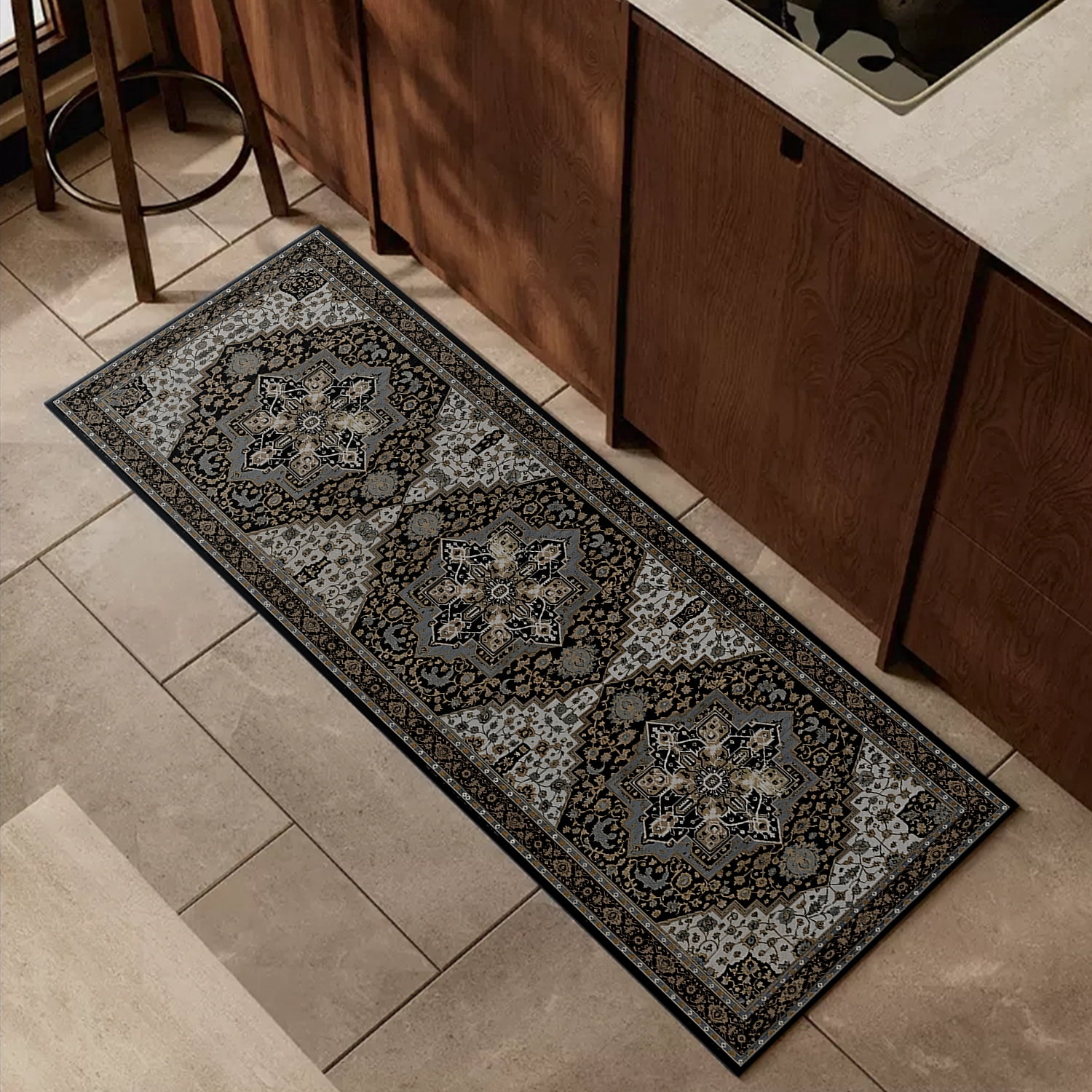 TECHVIDA Kitchen Rugs 4 Piece Set,Non Slip Machine Washable Kitchen Mats,Boho Vintage Abstract Kitchen Carpet for Farmhouse Living Room Hallway