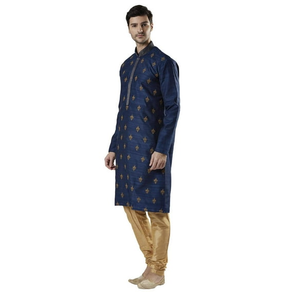 Ethnix Men's Indian Banded Collar High Embroidery Festive Kurta Tunic Pajama Set; Navy Blue; MD
