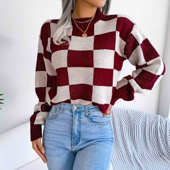 Guieoi Womens Sweaters 2025 Womens Sweaters Clearance Winter Trendy Contrast Check Long Sleeve Round Neck Sweater Tops Red Black*Friday/Cyber*Monday Clearance