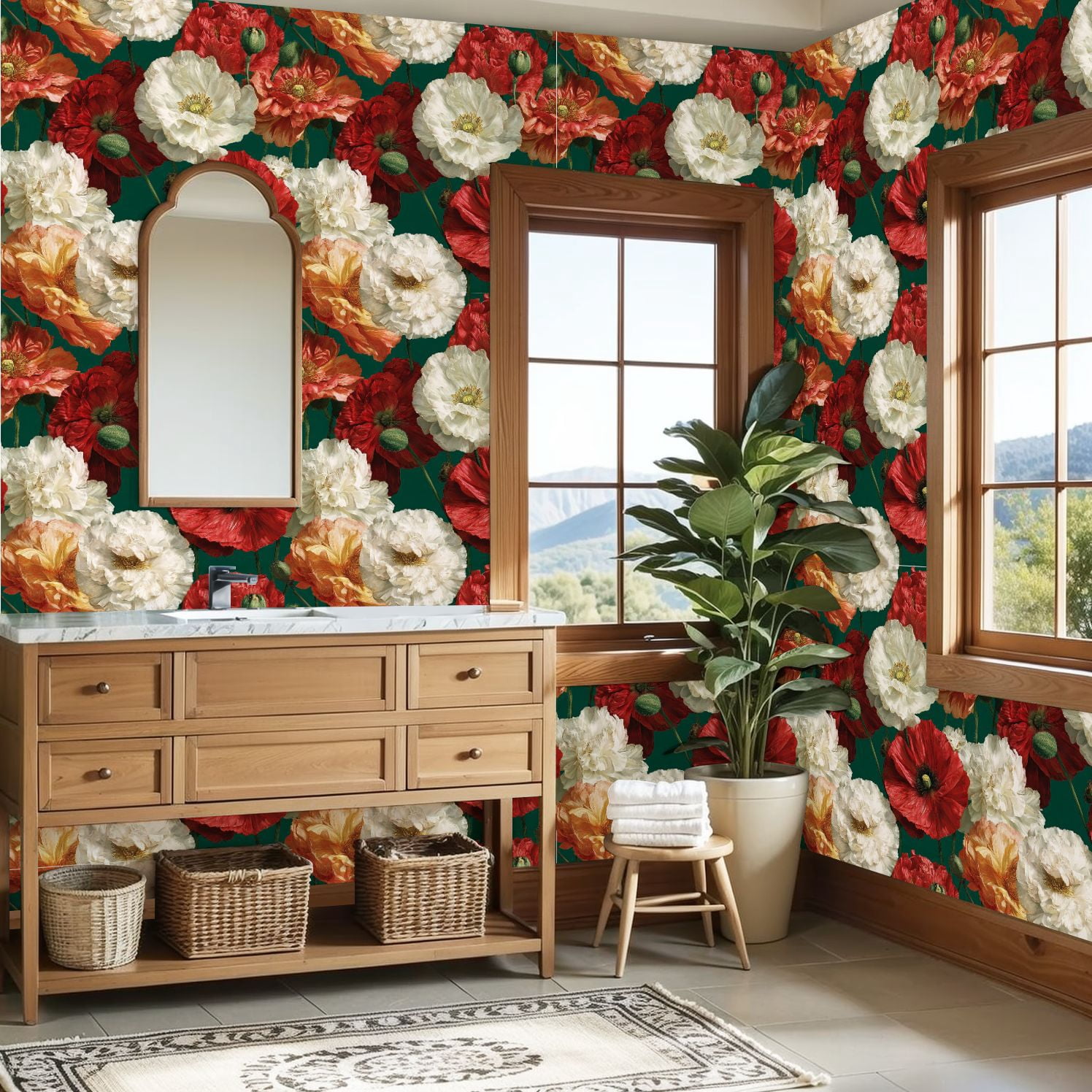 Vintage Peel and Stick Wallpaper Striking Poppy Flowers Full Bloom Precise Petal Wall Mural 23.6in x 9.8ft Self Adhesive Removable Wall Paper Floral Contact Paper for Nursery Bedroom Cabinets