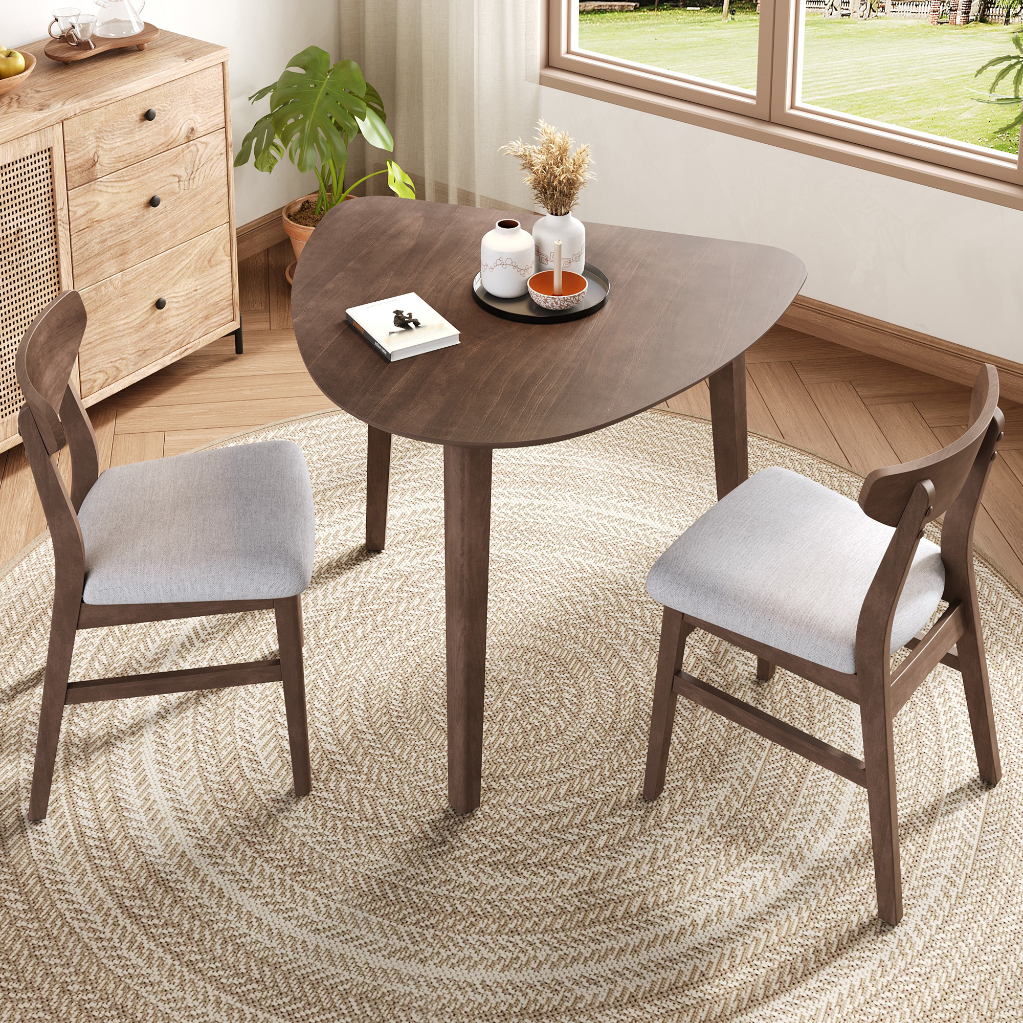 Euroco 3-Piece Dining Table Set for 2, Triangular Kitchen Table with 2 Chairs for Kitchen Living Room,Small Space,Brown