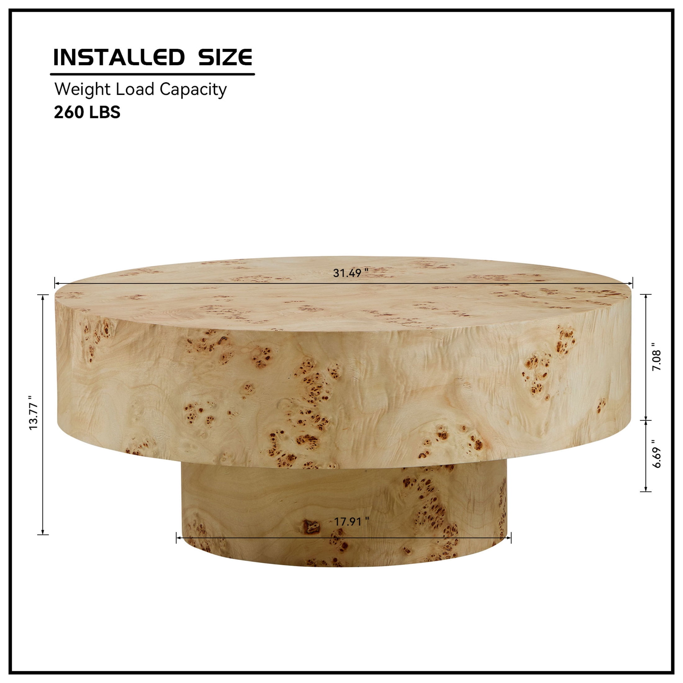 Noble House 31.49" Round Coffee Table, Burl Wood Veneer, Sturdy Drum Pedestal, Mid-Century Accent, Natural