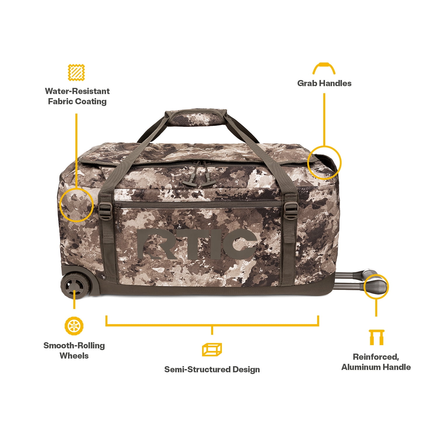 RTIC Road Trip Rolling Duffle Bag, Large, Water Resistant and Wheeled, Olive Midnight Camo