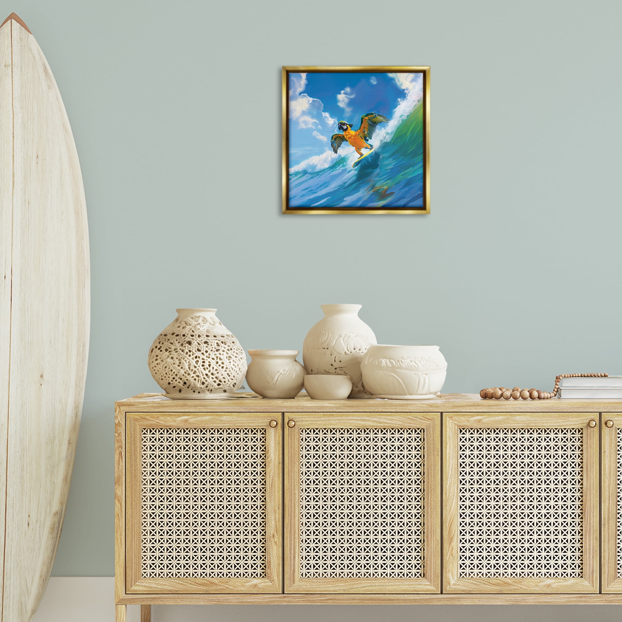 Stupell Industries Parrot Surfing Sea Waves Nautical & Beach Painting Gold Floater Framed Canvas Art Print Wall Art, 18 x 18