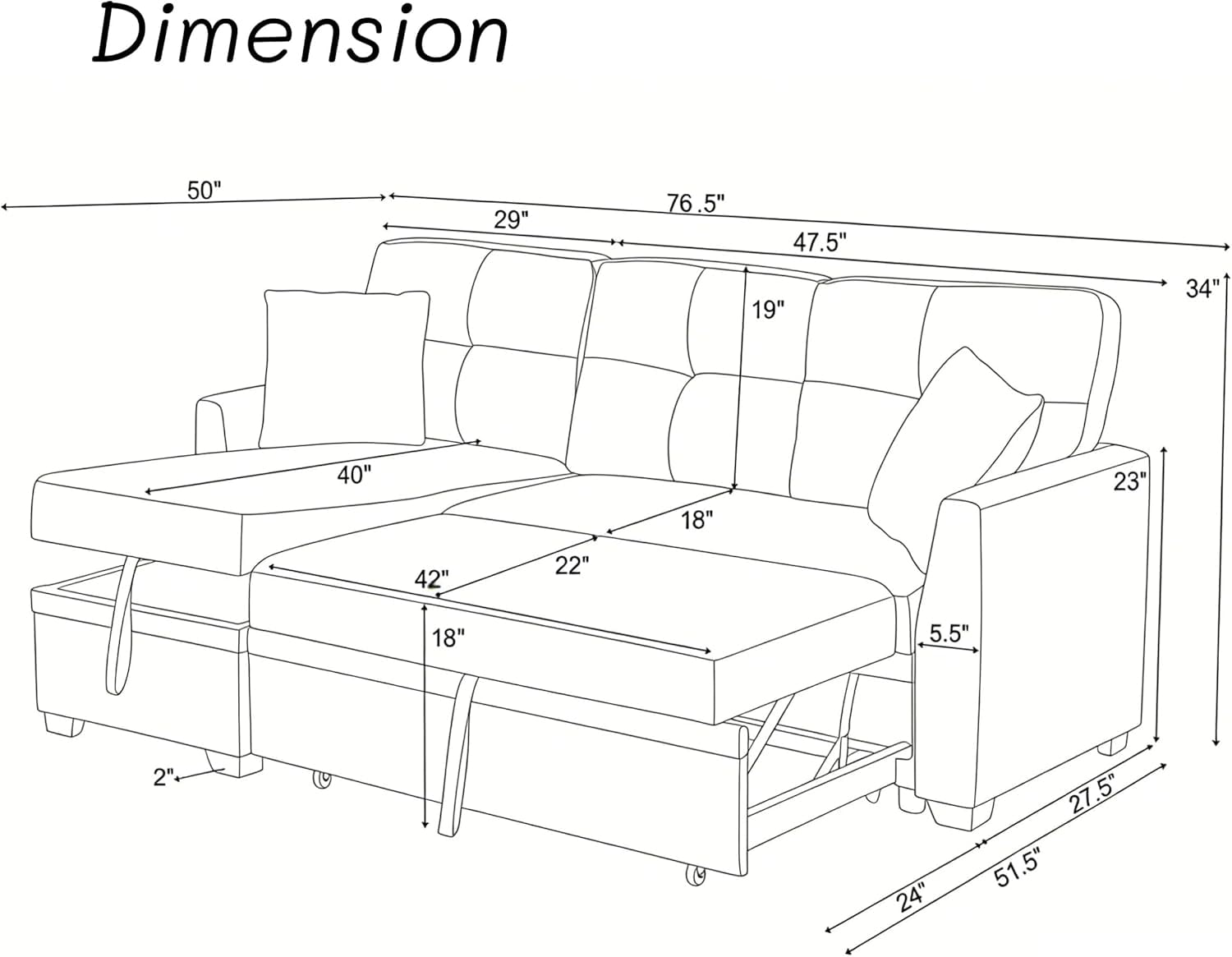 Howcool Sectional Sleeper Sofa with Pull Out Bed, 76.5"L Shape Convertible Linen Couch with Storage Chaise, 2 in 1 Pull Out Sofa Bed with 2 Seats, for Living Room, Apartment, Charcoal Black