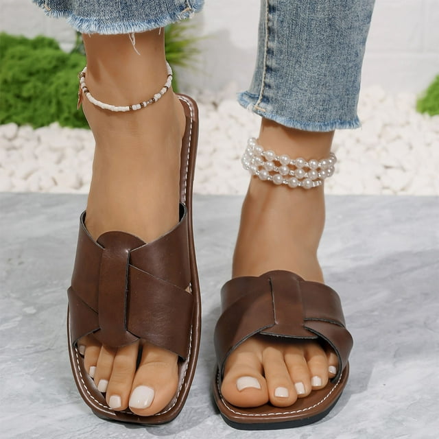 Konbeca Sandales Plates pour Femmes Antidérapantes à Bout Ouvert Mode Décontractée Style Été Extérieur Couleur Unie Rétro Sandales de Plage à Bout Ouvert