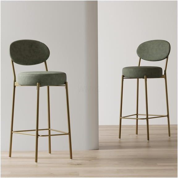 Modern Green Faux Leather Bar Stools Set of 2 with Gold Metal Legs for Counter Height Dining and Kitchen Seating