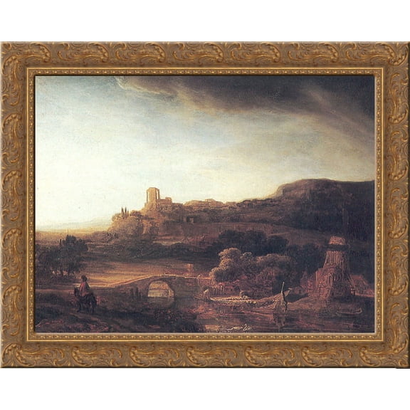 River Landscape with a Windmill 24x20 Gold Ornate Wood Framed Canvas Art by Rembrandt