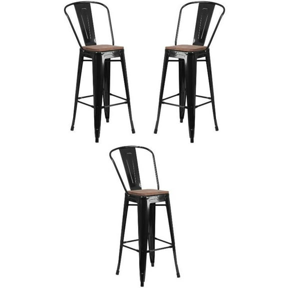 Home Square 30" Metal Bar Stool in Black and Wood Grain - Set of 3