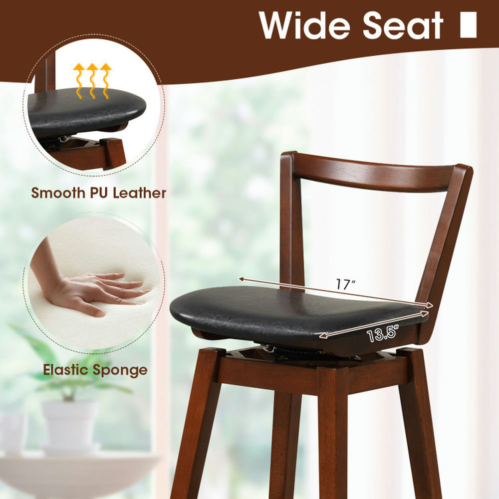 Demi Bonn 26" Swivel Upholstered PU Leather Bar Stool with Backrest and Cushioned Seat, Modern Kitchen Dining Chair, Brown