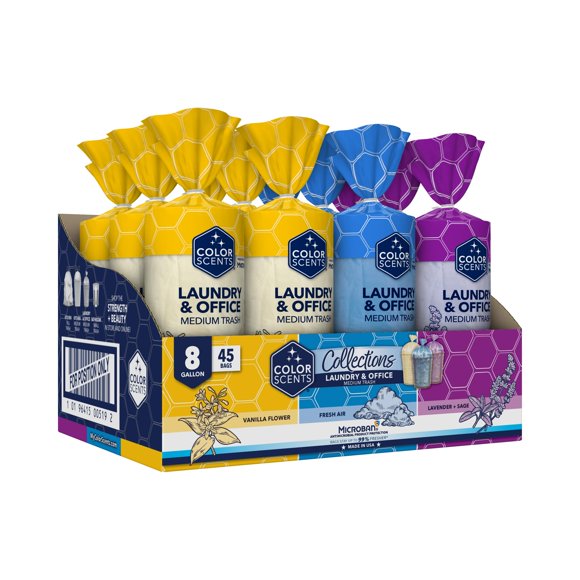 Color Scents Sacs à Ordures Moyens - 8 Gallons, 540 Sacs au Total (12 Paquets de 45 Unités), Attaches Torsadées (3 Combinaisons Parfum unique + Couleur)