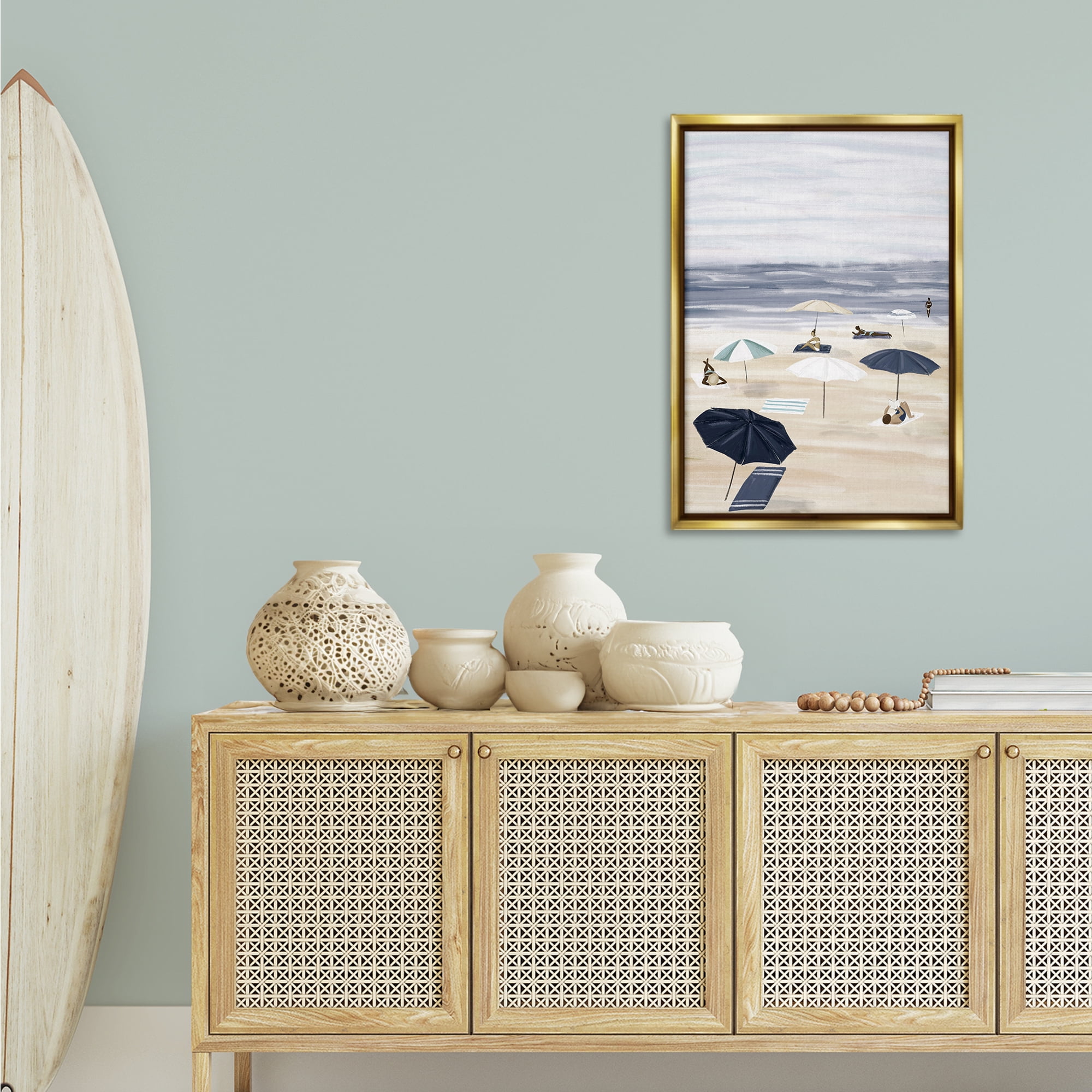 Stupell Industries Beachgoers with Umbrellas Nautical & Beach Painting Gold Floater Framed Canvas Art Print Wall Art, 21 x 31