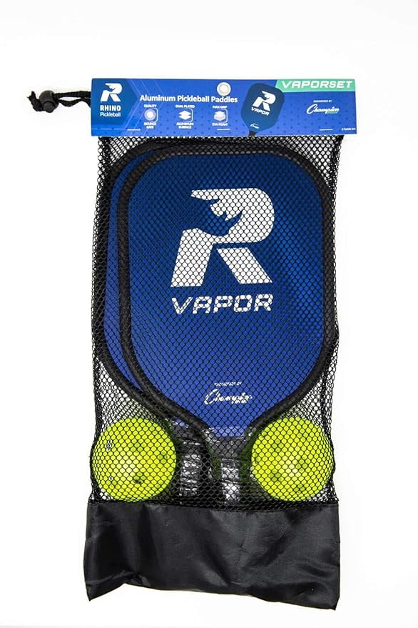 Champion Sports Aluminum Pickleball Paddle Set: Rhino Vapor Pickleball Paddle - Indoor or Outdoor Pickle Ball Paddles - Blue/Black Racket & White/Black Rackets with Two Pickleballs