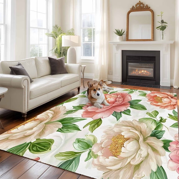 6'x9' Area Rugs, Pink White Peony Indoor Outdoor Area Rug for Living Room Bedroom, Pastoral Spring Botanical Flowers Washable Bathroom Rugs Kitchen Floor Carpet Mats Home Decor Aesthetic