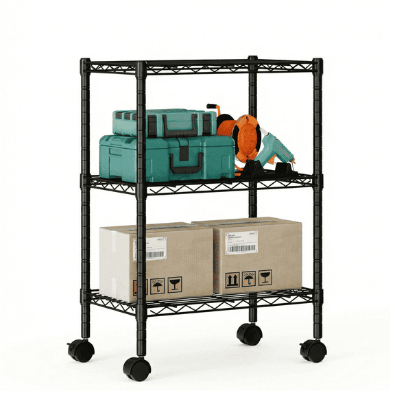 EDX 3 Tier Heavy Duty Adjustable Wire Shelving with Wheels, Storage Racks for Garage Kitchen Pantry Laundry Office, Easy Assembly, 23"W x 13"D x 31"H, Black
