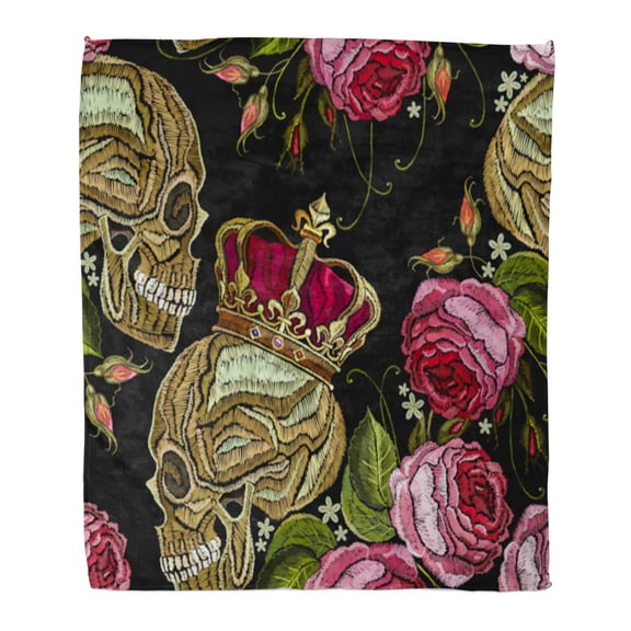 SIDONKU Flannel Throw Blanket Golden Crown Human Skull and Roses Medieval Dead King Soft for Bed Sofa and Couch 58x80 Inches