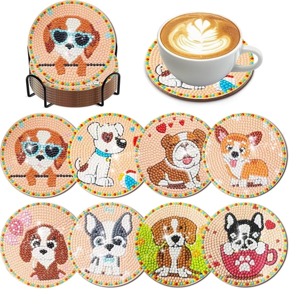Coffee Diamond Art Coasters, 8 Pcs Diamond Art Kits Coffee Diamond Art Coasters with Holder, Crafts Kits for DIY Coasters Diamond Art Kits for Adults