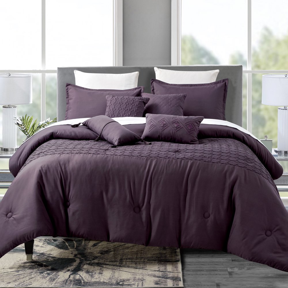 7 Piece Bedding Comforter Set Luxury Bed In A Bag, Queen Size , Purple