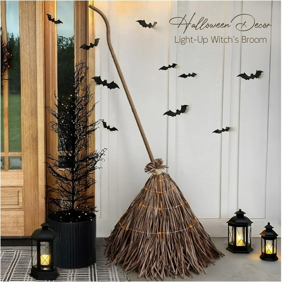 Halloween Decorations - Fall Decor for Home - 5.2 Ft Giant Light-Up Witches Broom - Rustic Farmhouse Decoration for Indoor Outdoor Front Door Porch