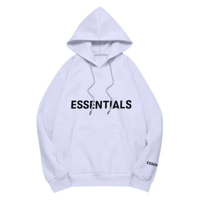 Pullover Hoodie with Adjustable Drawstring Hood and Front ESSENTIALS Lettering Print Casual Loose Fit Design White 2XL