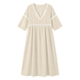 thumbnail image 7 of Ygbgbb Women V‑Neck Hollow Lace Trim Maxi Dress, Three‑Quarter Sleeve Empire‑Waist Loose Flowy Dress for Summer Beach and Resort‑Style Outfits Beige L, 7 of 7