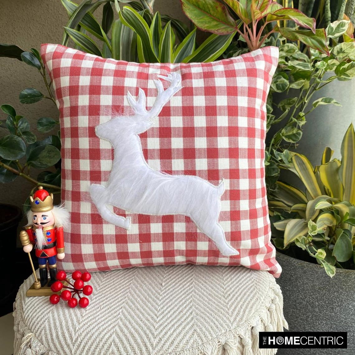 Holiday Throw Pillow cover, 26"x26" Red Cotton Pillow Cover, Country & Farmhouse Checkered Christmas Check Pillow Cover For Sofa Couch, Hotels, living Room, Bed Room - Furry Antlers