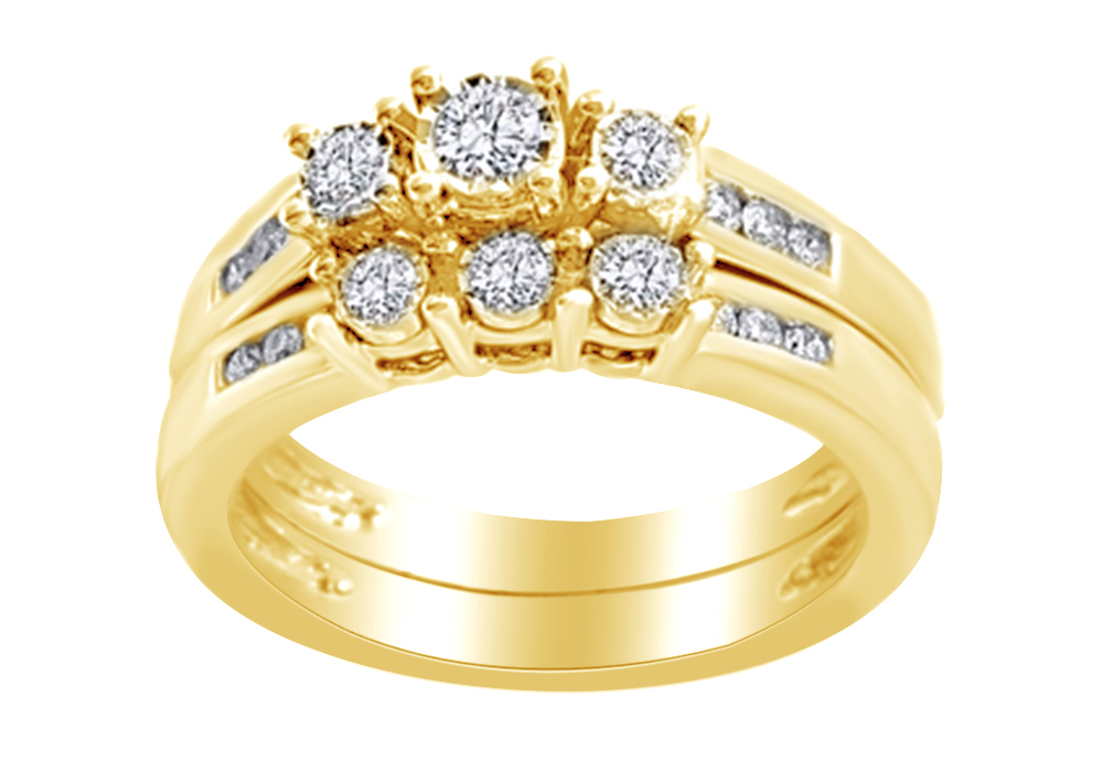 AFFY (0.5 Cttw) Round Cut White Natural Diamond Three Stone Engagement Bridal Ring Set In 14K Solid Yellow Gold