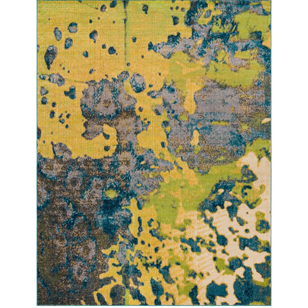 7'10" x 10'3" Distressed Yellow, Teal and Gray Rectangular Machine