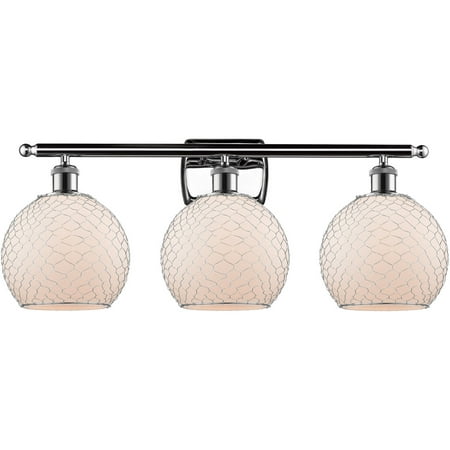 

Polished Chrome Tone Bathroom Vanity 26 Wide White with Nickel Chicken Wire Glass Steel/Cast Brass Medium Base 3 Light Fixture