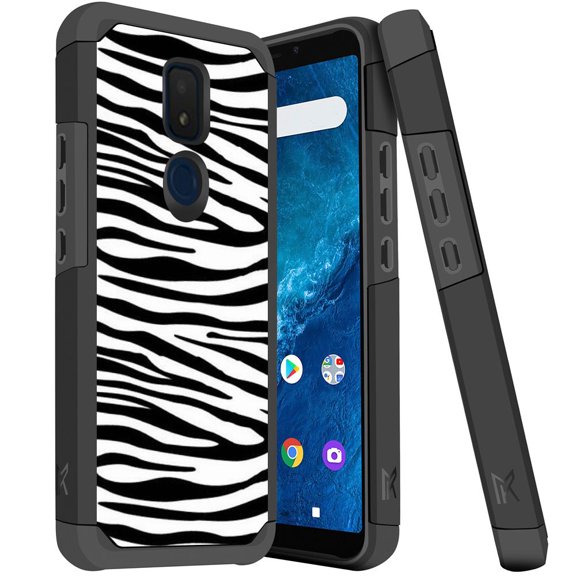 ANJ  Slim Dual Layer Hybrid Shockproof Case   Tempered Glass Cover for Cricket Icon 3, Splendor, AT&T Motivate 2 - White Zebra