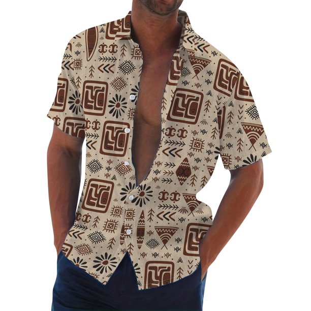 Men's Summer New Loose Print Short Sleeve Shirt Cardigan Beach Shirt L