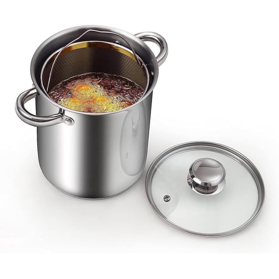 Cook N Home Basics 4-Quart Deep Fryer Pot with Basket, Japanese Tempura Small Stainless Steel Frying Pot with Oil Drip Drainer Rack, Glass Lid, Suitable for Kitchen French Fries, Chicken