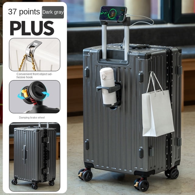 Maleta con marco de aluminio de 32 pulgadas, maleta de viaje cubierta de carrito con contraseña, maleta de viaje cabina, equipaje con rueda de freno de 20 "con portavasos USB, maletas de viaje