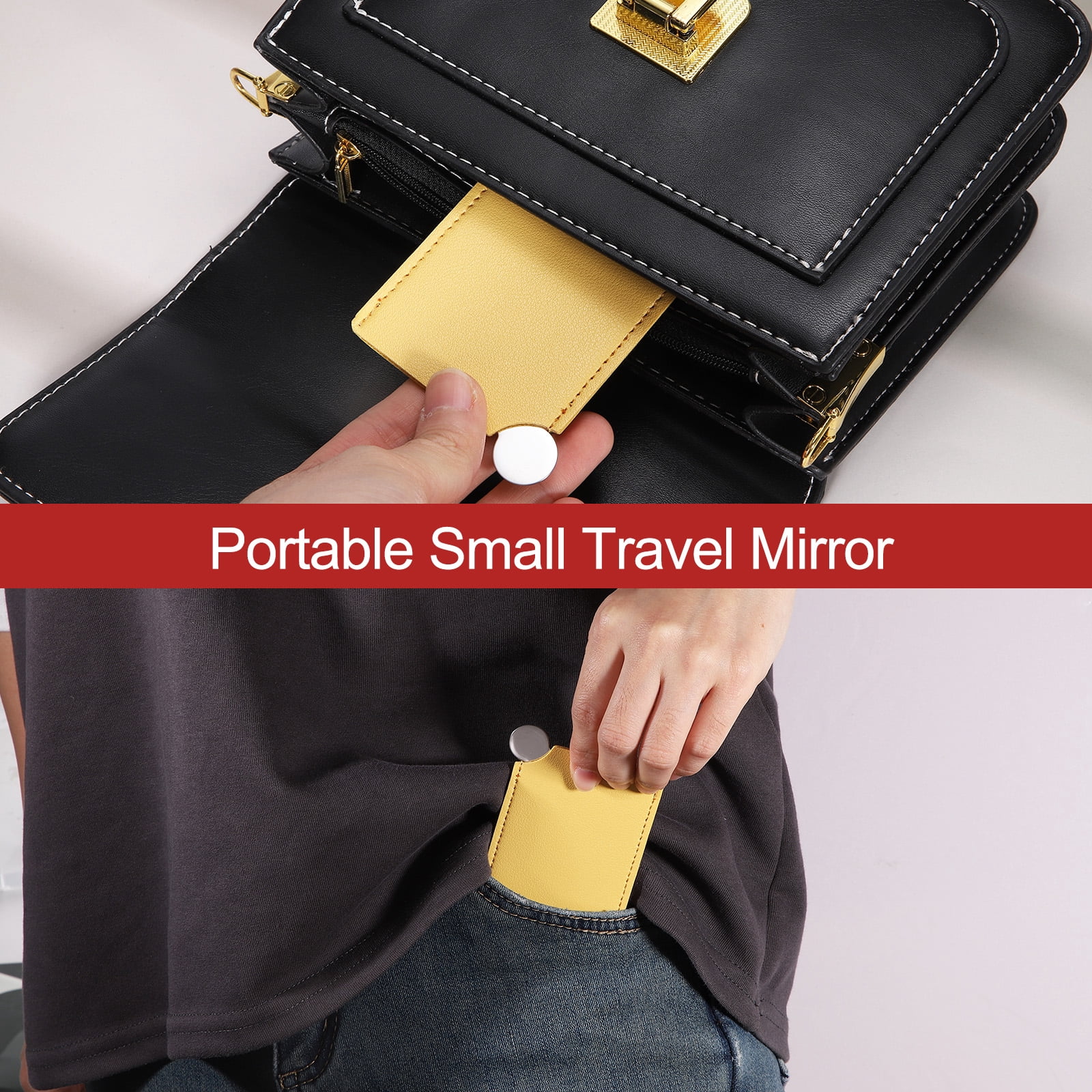 Unique Bargains Small Pocket Mirror Purse Stainless Steel PU Leather Gift Khaki